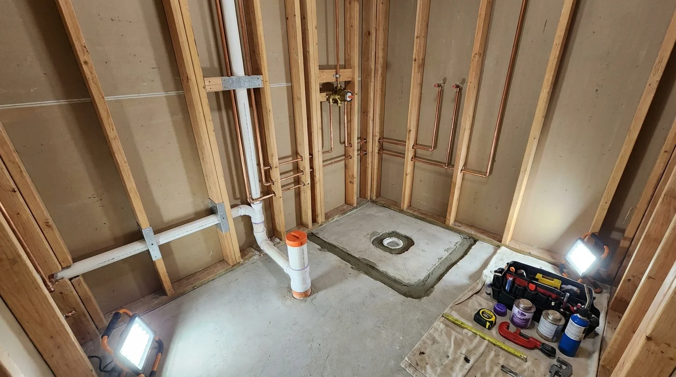 Bathroom rough-in plumbing during remodel by Johns Plumbing LLC in Pine