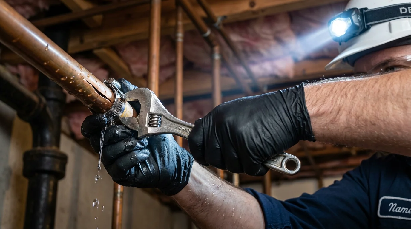 Emergency pipe clamp repair being performed by a Johns Plumbing LLC plumber in Pine