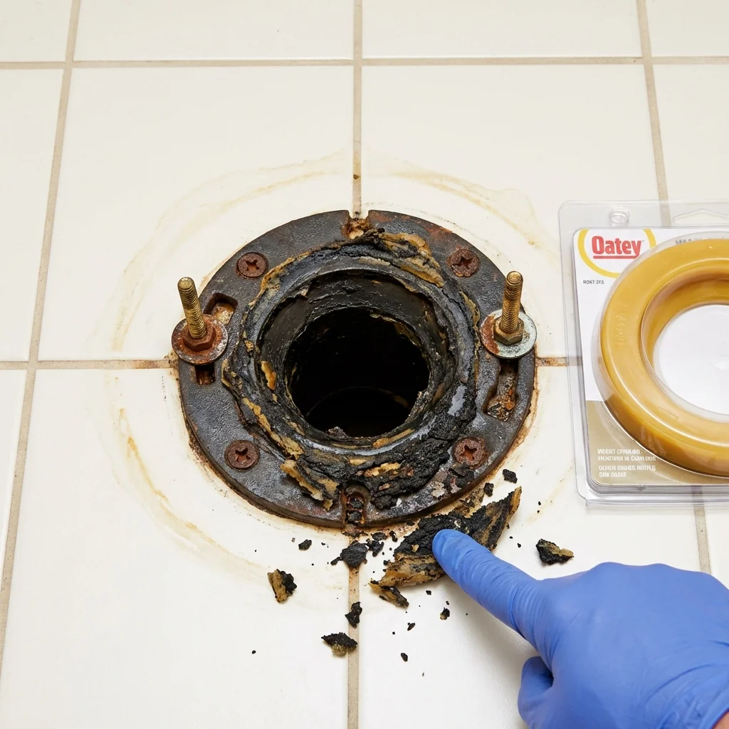 Failed wax ring showing water seepage at the base of a toilet in a Pine, AZ home
