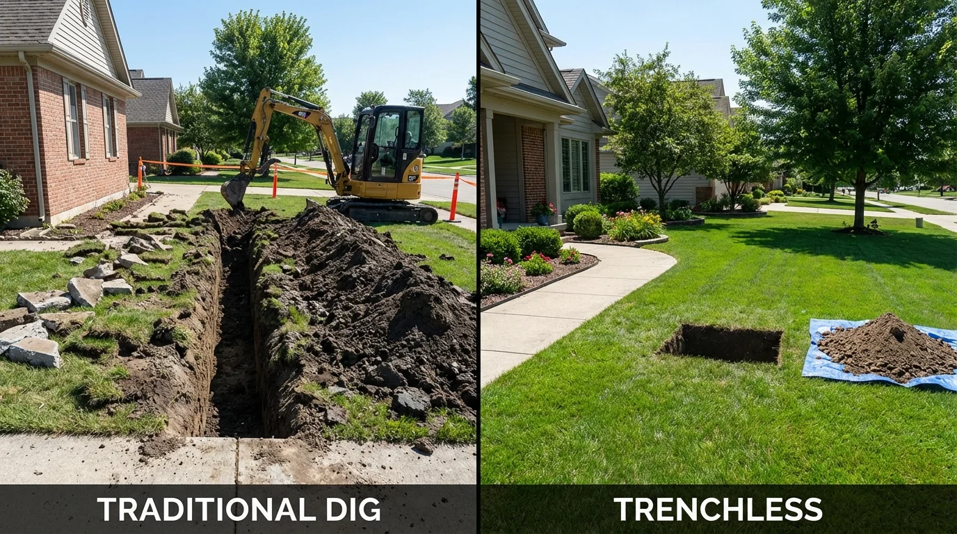 Trenchless sewer repair with minimal yard damage versus traditional excavation in Pine, AZ